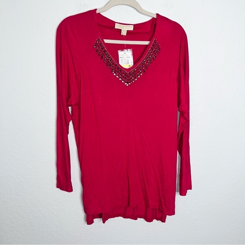 Michael Kors Top Ten Women’s Medium Tunic Studded Red Long Sleeve Blouse BB